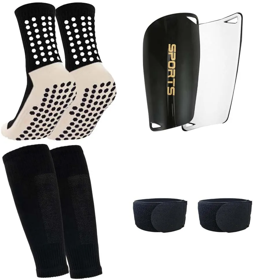 1 Pair Mens Grip Soccer Socks, 1 Pair Shin Sleeves with 1 Pack Shin Guards and 2 Shin Straps, Soccer Football Game Set 5 Pcs