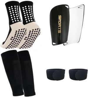 1 Pair Mens Grip Soccer Socks, 1 Pair Shin Sleeves with 1 Pack Shin Guards and 2 Shin Straps, Soccer Football Game Set 5 Pcs