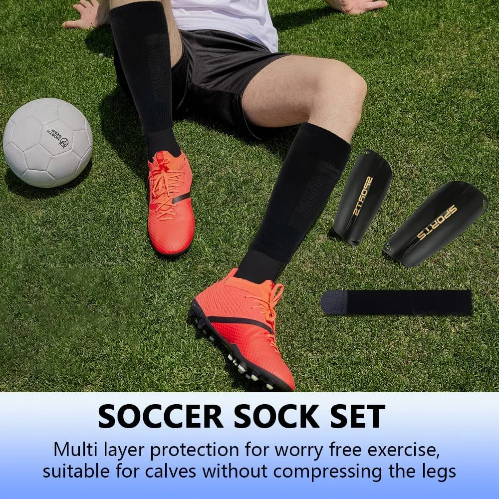 1 Pair Mens Grip Soccer Socks, 1 Pair Shin Sleeves with 1 Pack Shin Guards and 2 Shin Straps, Soccer Football Game Set 5 Pcs