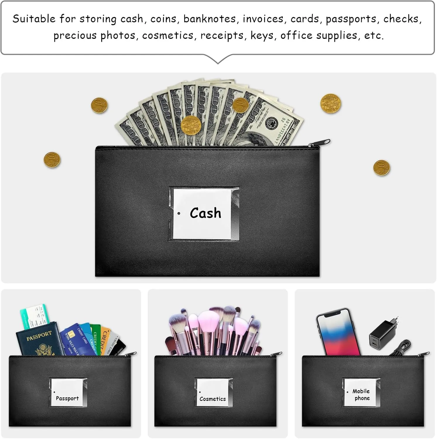 10 Pcs Money Bags With Zipper - Black Pouch Wallet With Label 11x6.1inch Bank Deposit Leather Cash Coin Zipper Pouches Checks Organizer Receipt Holder Makeup Bags for Women Men