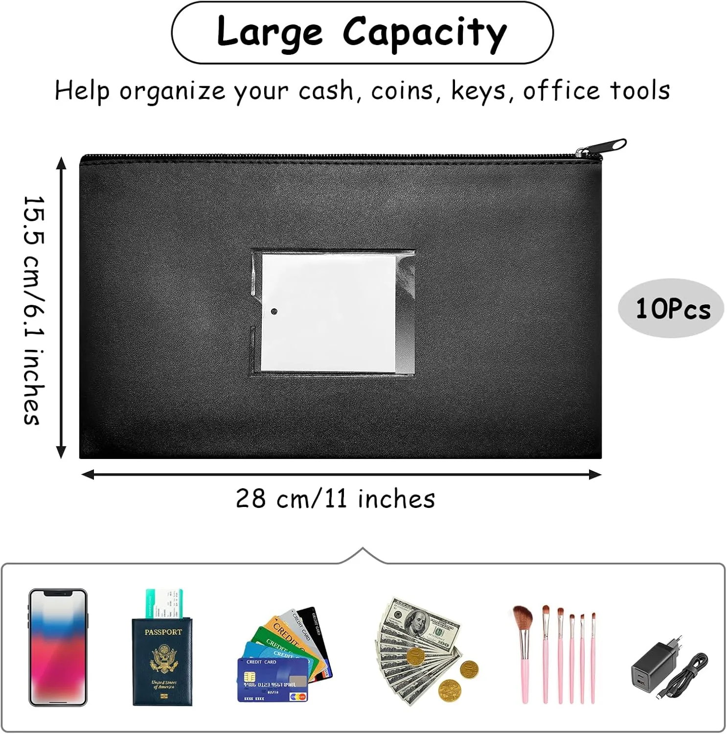 10 Pcs Money Bags With Zipper - Black Pouch Wallet With Label 11x6.1inch Bank Deposit Leather Cash Coin Zipper Pouches Checks Organizer Receipt Holder Makeup Bags for Women Men