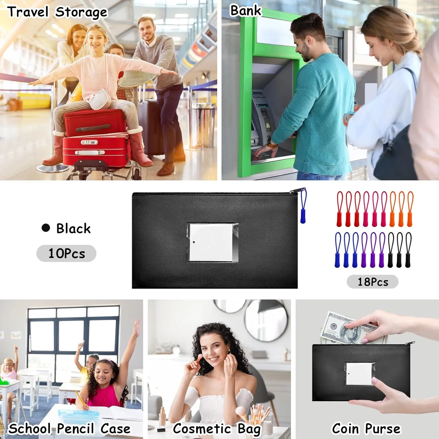 10 Pcs Money Bags With Zipper - Black Pouch Wallet With Label 11x6.1inch Bank Deposit Leather Cash Coin Zipper Pouches Checks Organizer Receipt Holder Makeup Bags for Women Men