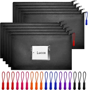 10 Pcs Money Bags With Zipper - Black Pouch Wallet With Label 11x6.1inch Bank Deposit Leather Cash Coin Zipper Pouches Checks Organizer Receipt Holder Makeup Bags for Women Men