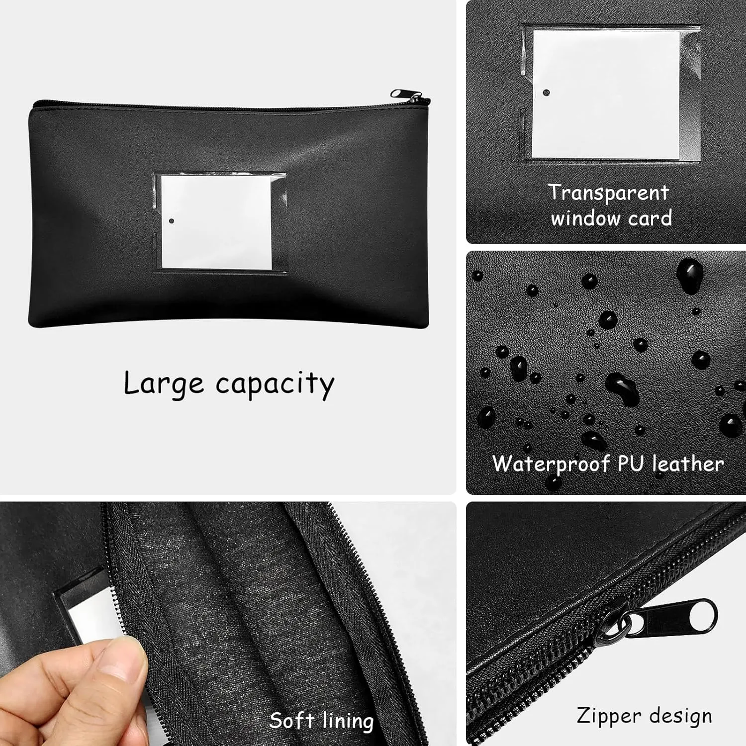 10 Pcs Money Bags With Zipper - Black Pouch Wallet With Label 11x6.1inch Bank Deposit Leather Cash Coin Zipper Pouches Checks Organizer Receipt Holder Makeup Bags for Women Men