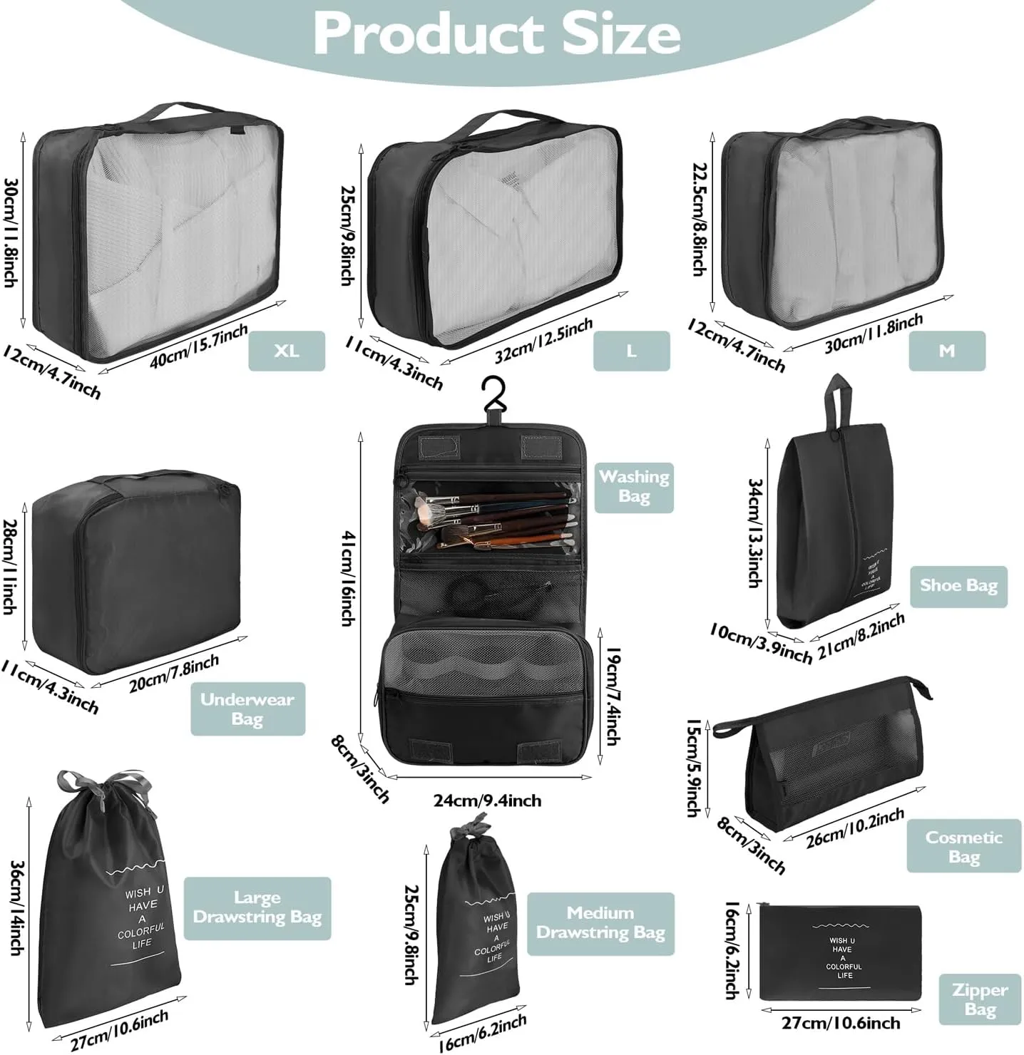 10 Set Packing Cubes for Travel - Black Suitcase Organizer With Toiletry Bag, Mesh Breathable Luggage Organizer Bags, Travel Essentials for Women Accessories
