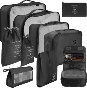 10 Set Packing Cubes for Travel - Black Suitcase Organizer With Toiletry Bag, Mesh Breathable Luggage Organizer Bags, Travel Essentials for Women Accessories