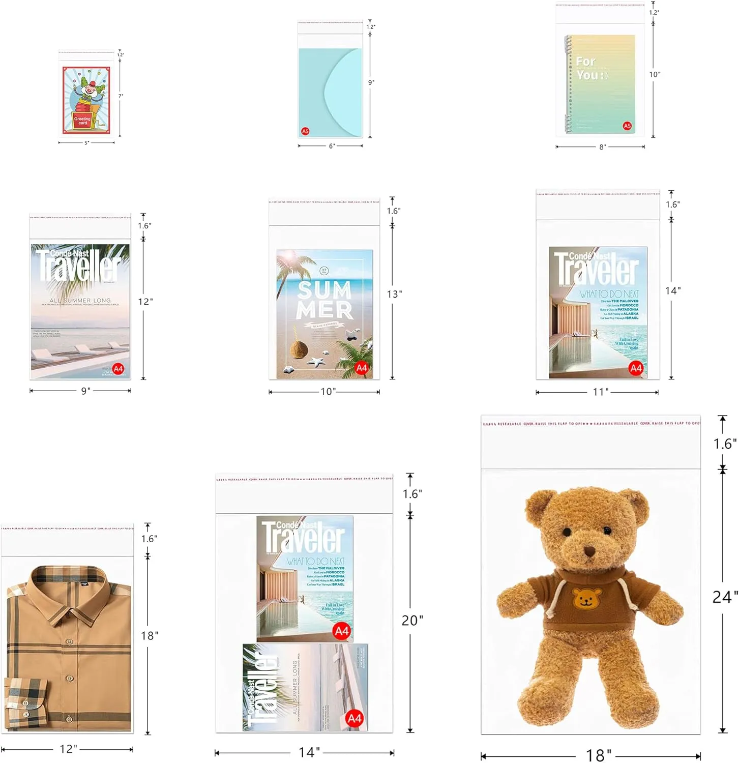 100 Count 14x20 '' Clear Cellophane Bags Large Self Sealing Cello Bags 2mil Self Stick OPP Poly Clothing Bags for Food Storage T-Shirt Pants Brochure Prints Magazines Documents Gift