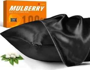 100% Mulberry Silk Pillowcase for Hair and Skin, 22 Momme Pure Natural Silk Pillow Case Both Sided with Zipper, Pillow Cover for Women Mom Men (Black, Standard 20''×26'')