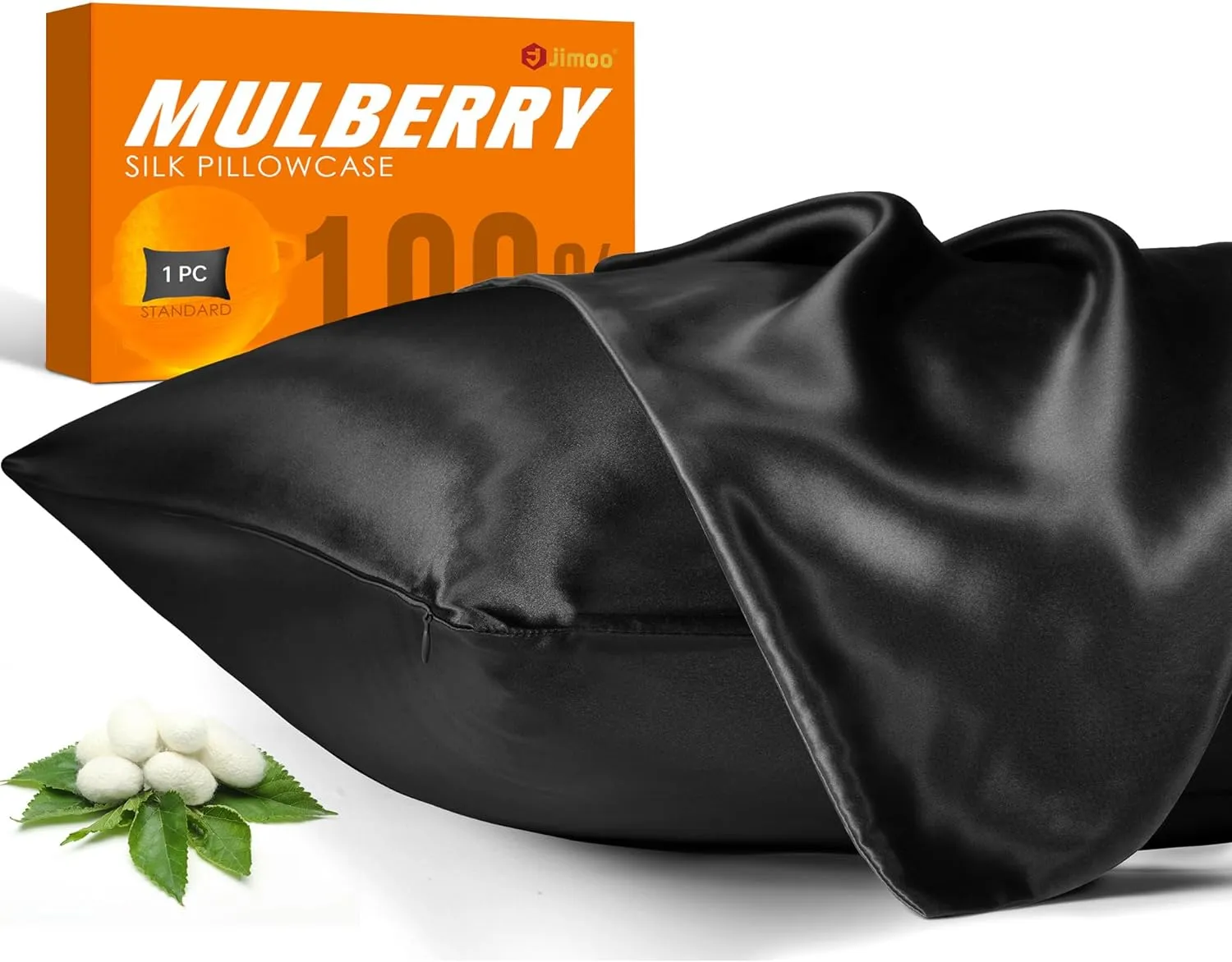 100% Mulberry Silk Pillowcase for Hair and Skin, 22 Momme Pure Natural Silk Pillow Case Both Sided with Zipper, Pillow Cover for Women Mom Men (Black, Standard 20''×26'')