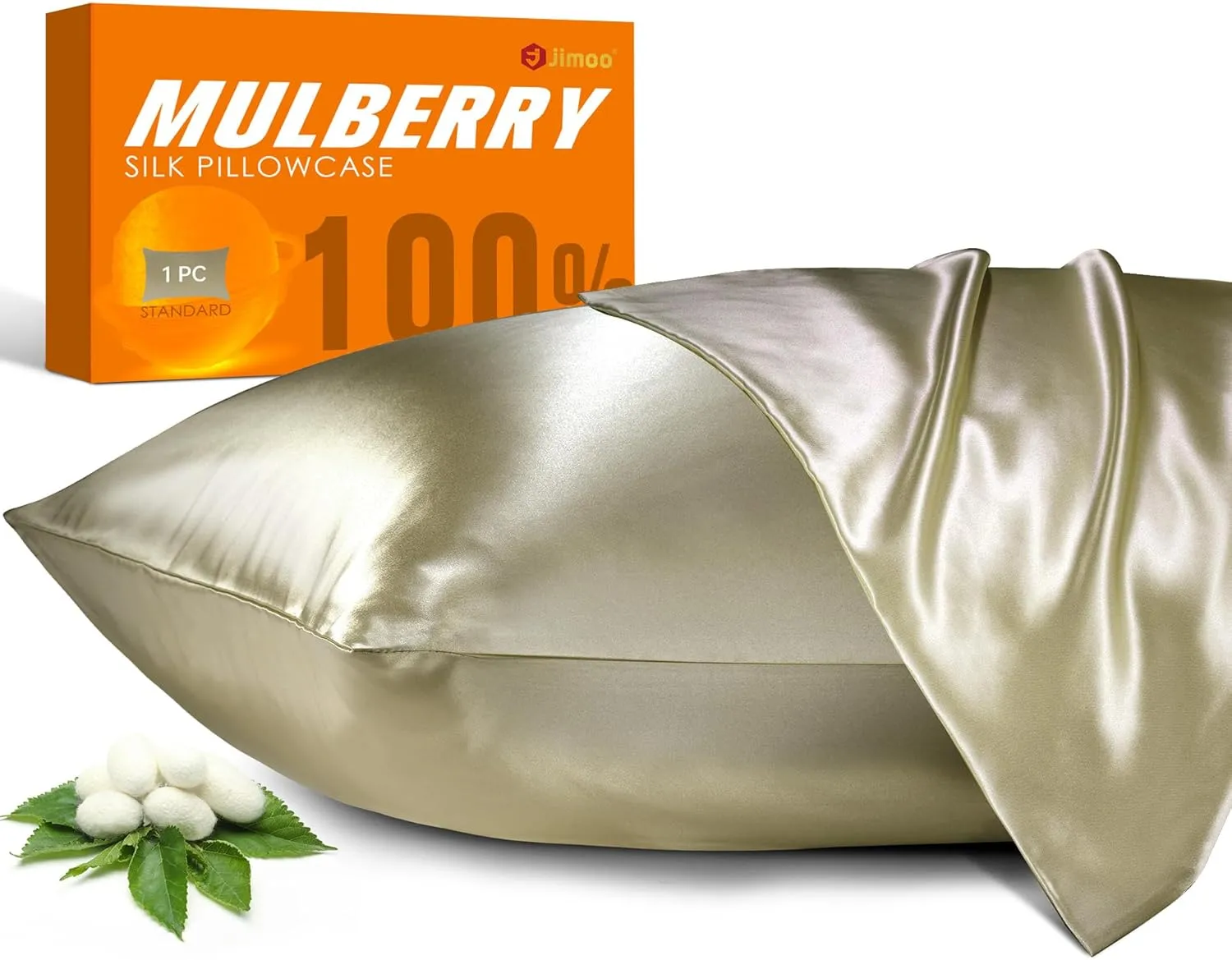 100% Mulberry Silk Pillowcase for Hair and Skin, 22 Momme Pure Natural Silk Pillow Case Both Sided with Zipper, Pillow Cover for Women Mom Men (Champagne, Standard 20''×26'')
