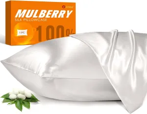 100% Mulberry Silk Pillowcase for Hair and Skin, 22 Momme Pure Natural Silk Pillow Case Both Sided with Zipper, Pillow Cover for Women Mom Men (Ivory White, Queen 20''×30'')