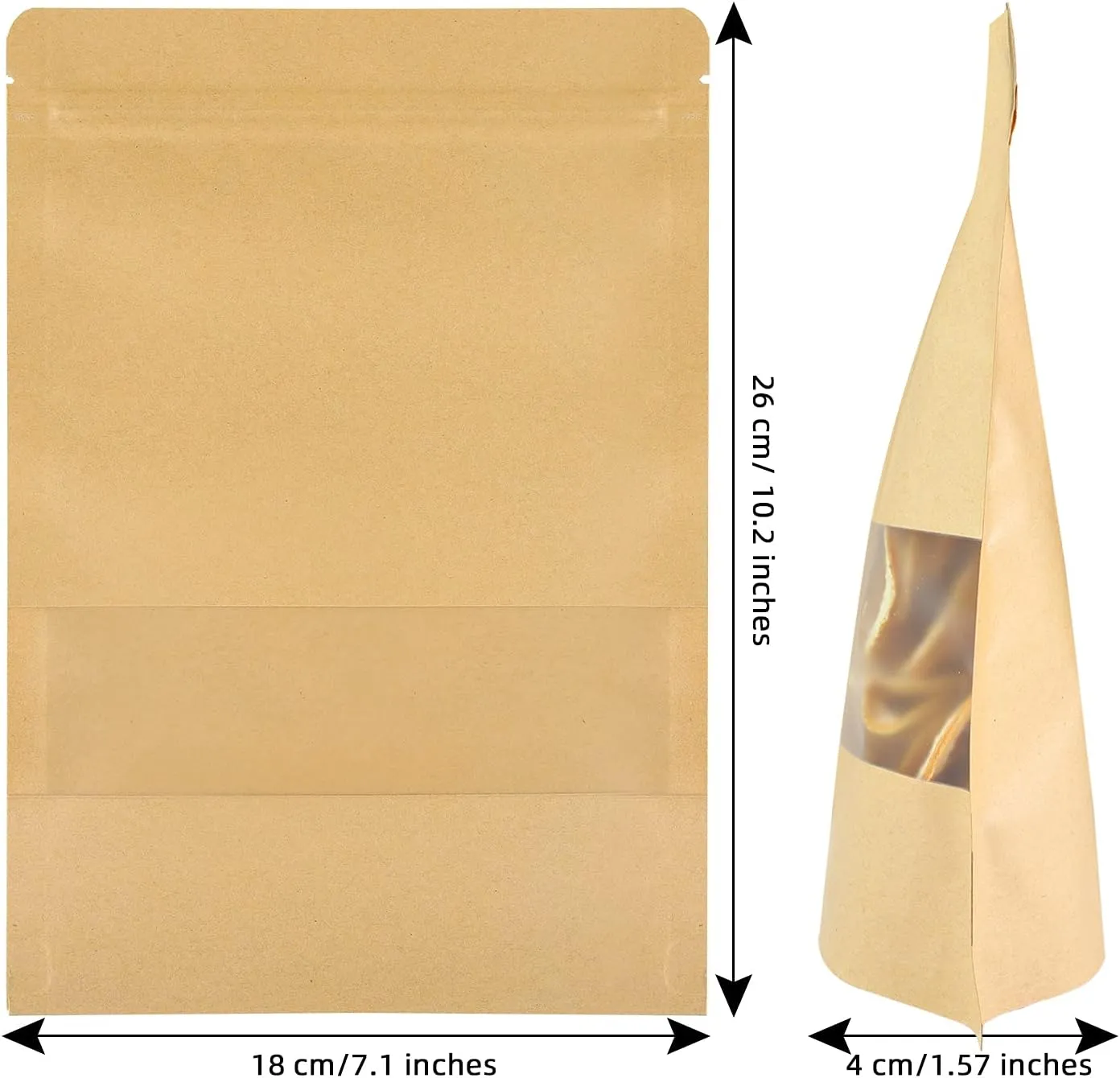 100 Pcs Kraft Stand Up Pouches 7.1 x 10.2 Inch Resealable Zip Lock Food Storage Bags with Matte Window for Packaging