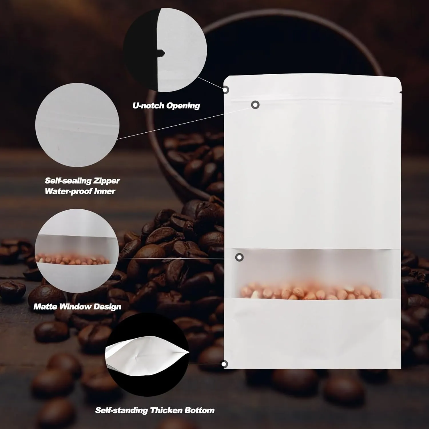 100 PCS Resealable Bags, Stand Up Kraft Paper Bags with Matte Window, Zipper Lock Food Storage Bags for Small Business and Home, 5.91 * 9.05 Inch Reusable Sealable Bags for Packaging -White