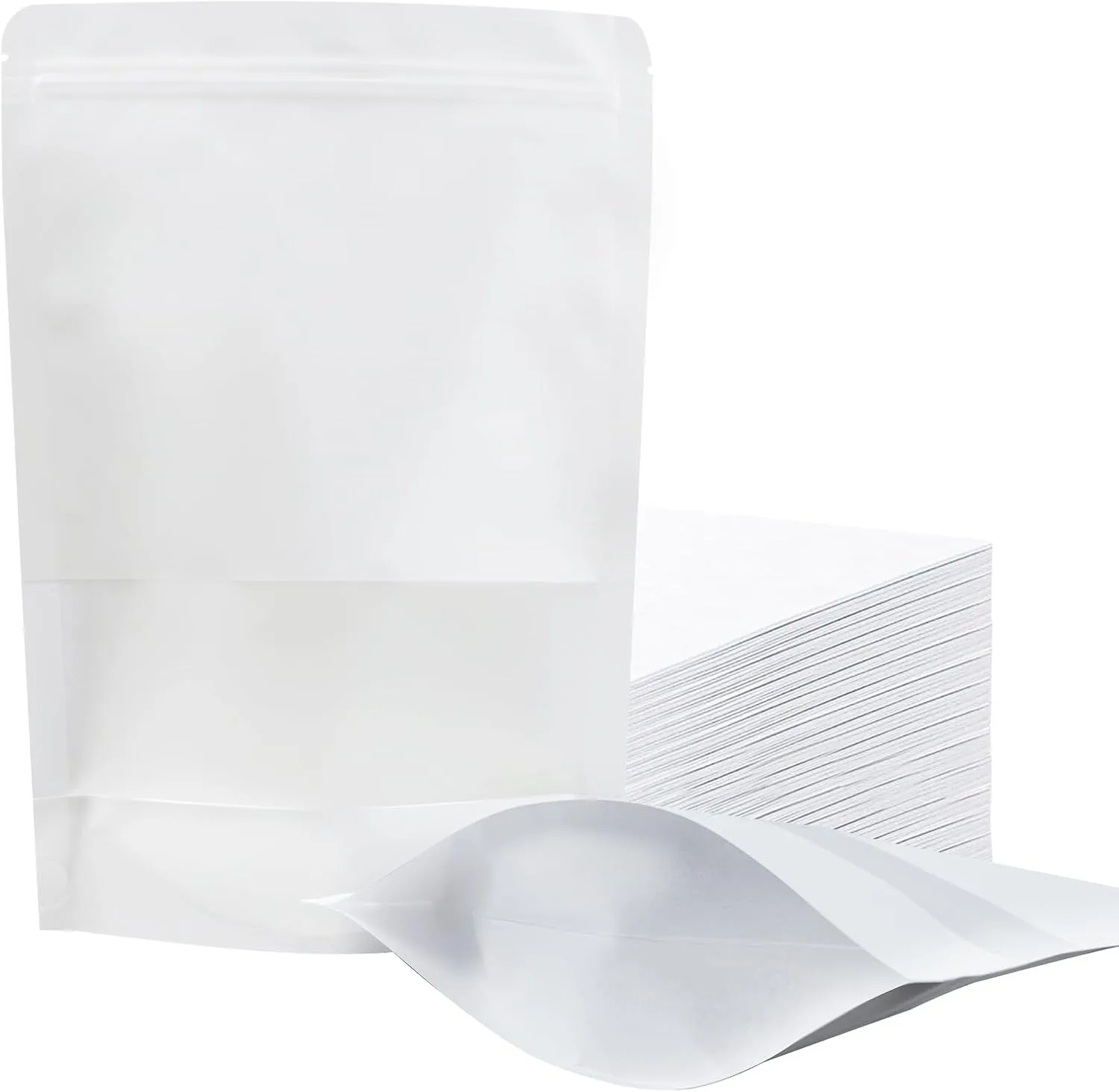 100 PCS Resealable Bags, Stand Up Kraft Paper Bags with Matte Window, Zipper Lock Food Storage Bags for Small Business and Home, 5.91 * 9.05 Inch Reusable Sealable Bags for Packaging -White