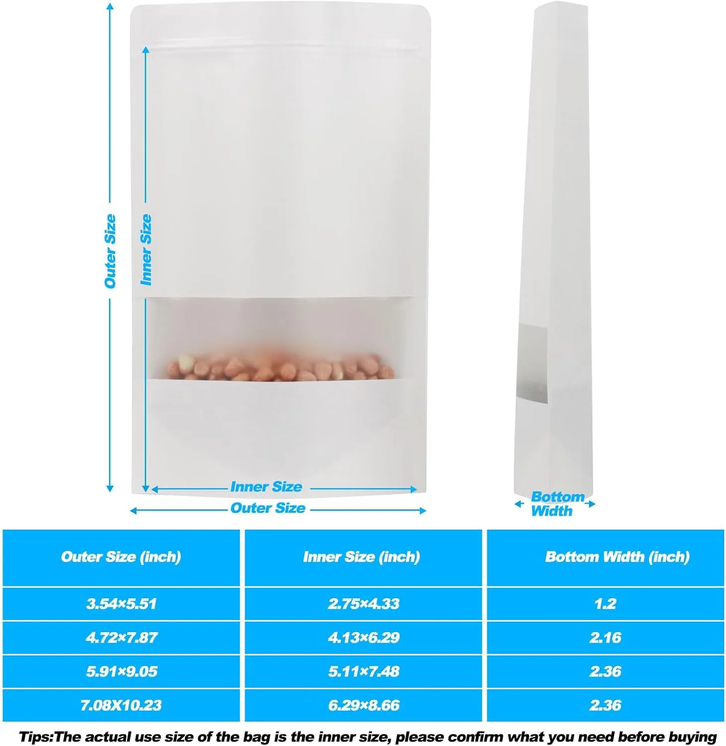 100 PCS Resealable Bags, Stand Up Kraft Paper Bags with Matte Window, Zipper Lock Food Storage Bags for Small Business and Home, 5.91 * 9.05 Inch Reusable Sealable Bags for Packaging -White