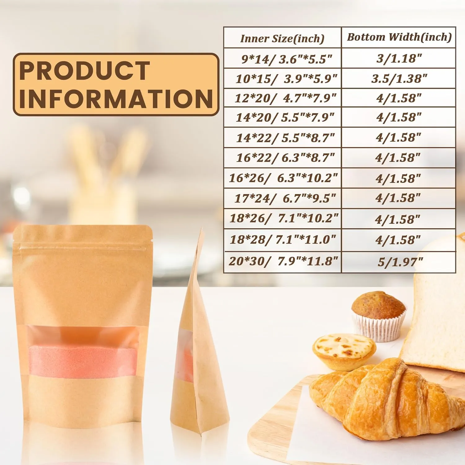 100PCS Resealable Bags for Food Storage, Self Stand Treat Bag Reusable for Candy, Cookie, Kraft Paper Bags with Window, Heat Seal Paper Bags for Small Business(7.9" X 11.8")