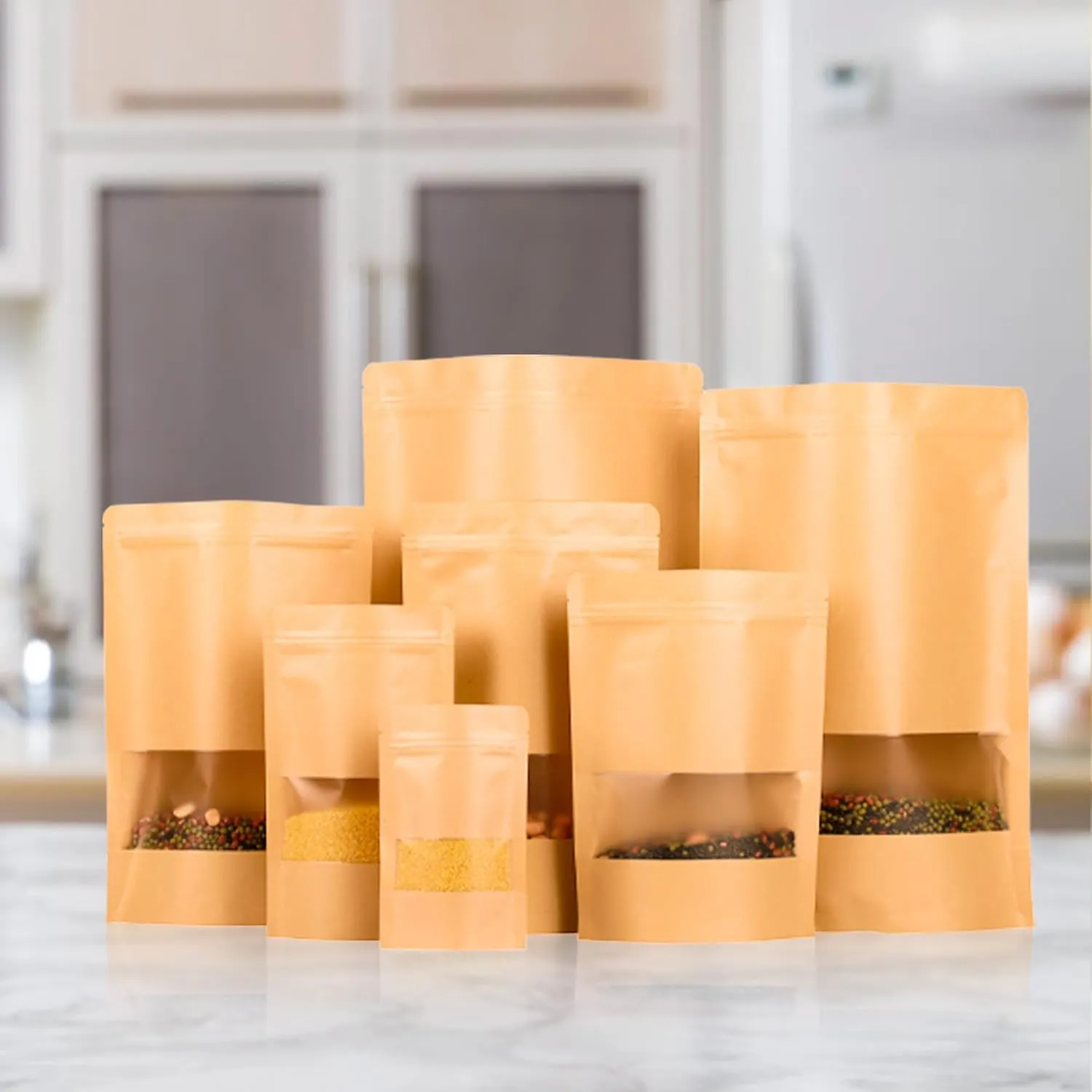 100PCS Resealable Bags for Food Storage, Self Stand Treat Bag Reusable for Candy, Cookie, Kraft Paper Bags with Window, Heat Seal Paper Bags for Small Business(7.9" X 11.8")