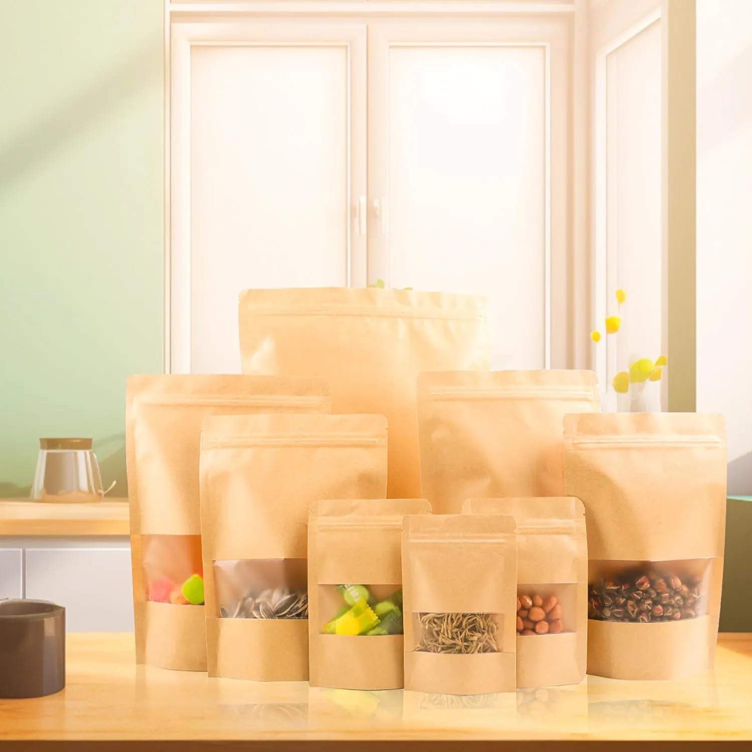 100PCS Resealable Bags for Food Storage, Self Stand Treat Bag Reusable for Candy, Cookie, Kraft Paper Bags with Window, Heat Seal Paper Bags for Small Business(7.9" X 11.8")