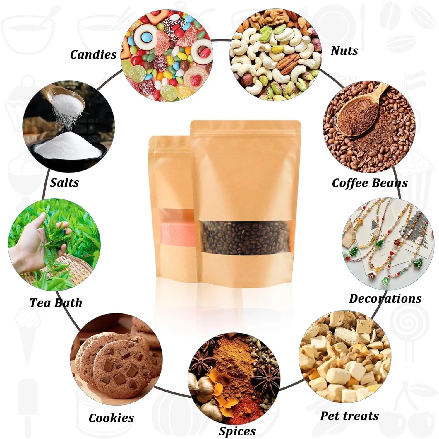 100PCS Resealable Bags for Food Storage, Self Stand Treat Bag Reusable for Candy, Cookie, Kraft Paper Bags with Window, Heat Seal Paper Bags for Small Business(7.9" X 11.8")
