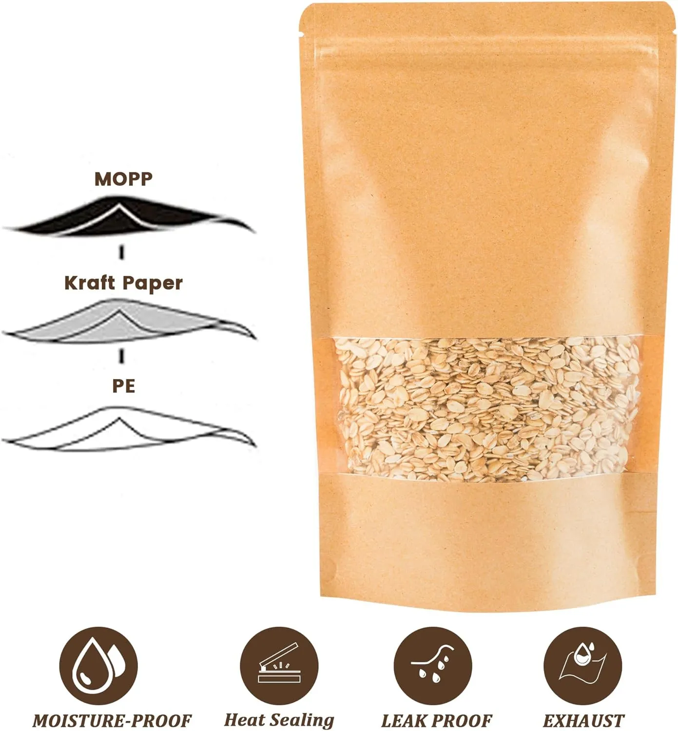 100PCS Resealable Bags for Food Storage, Self Stand Treat Bag Reusable for Candy, Cookie, Kraft Paper Bags with Window, Heat Seal Paper Bags for Small Business(7.9" X 11.8")