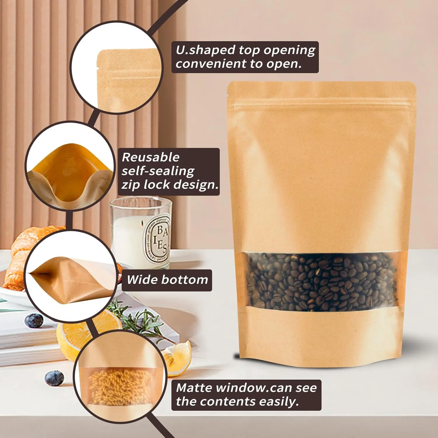 100PCS Resealable Bags for Food Storage, Self Stand Treat Bag Reusable for Candy, Cookie, Kraft Paper Bags with Window, Heat Seal Paper Bags for Small Business(7.9" X 11.8")