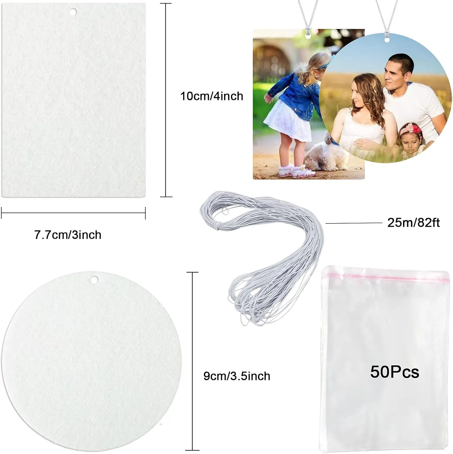 101Pcs Air Freshener Sublimation Blanks Kits Car Scented Hanging Sheets Polyester Felt Air Freshener Sheet for DIY Car and Home with Elastic Rope and Self-Seal Bags (Circle Rectangle)