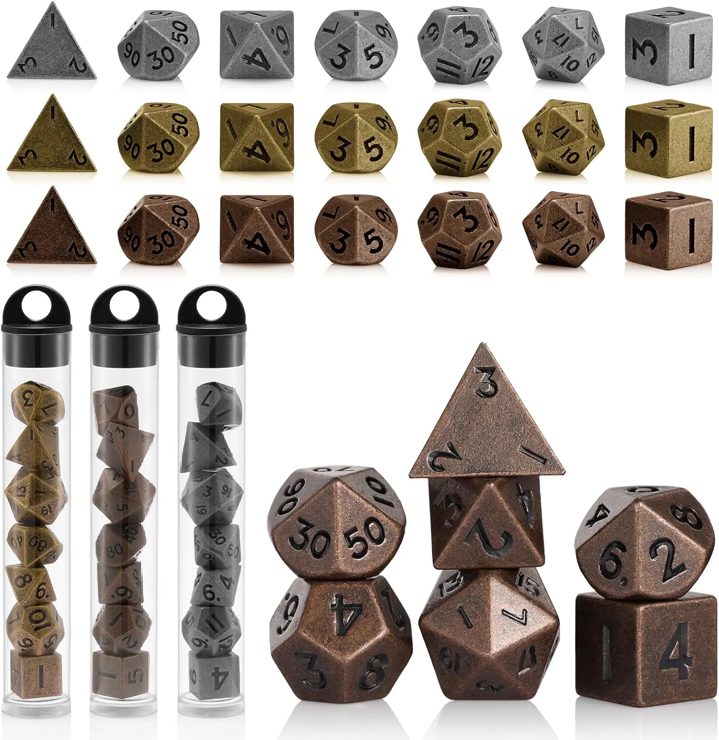10mm Mini DND Metal Dice Set,3 Sets Antique Copper D&D Dice Set-Micro Polyhedral Dice Set,Perfect in Clear Display Tube for DND Dungeons and Dragons MTG RPG Tabletop Role Playing Games