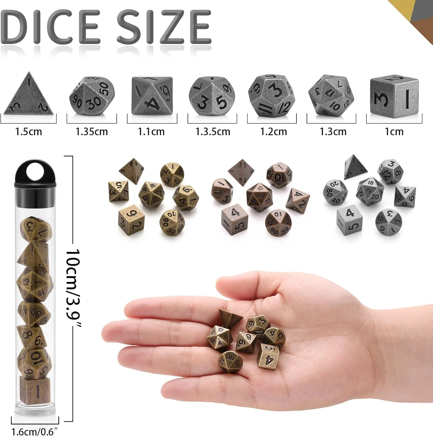 10mm Mini DND Metal Dice Set,3 Sets Antique Copper D&D Dice Set-Micro Polyhedral Dice Set,Perfect in Clear Display Tube for DND Dungeons and Dragons MTG RPG Tabletop Role Playing Games