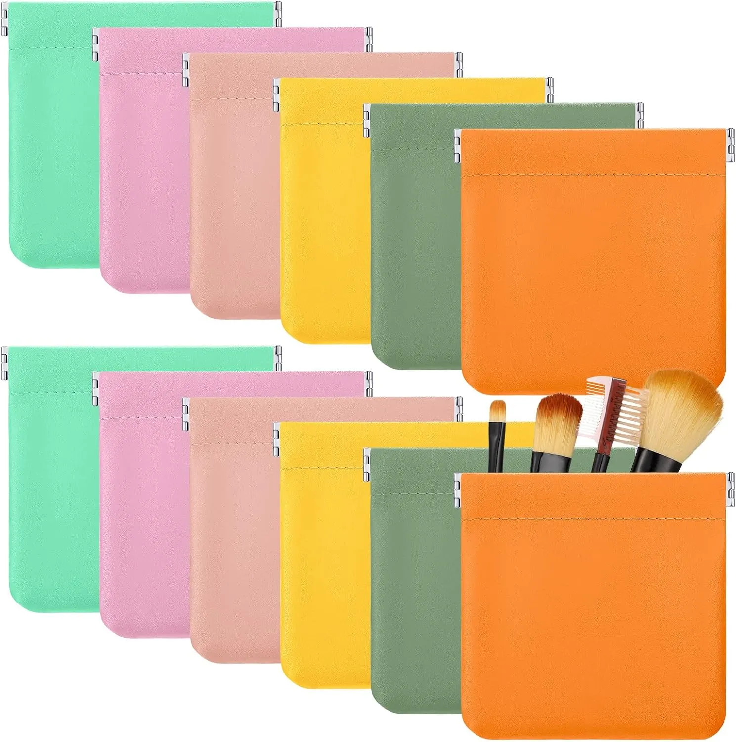 12 Pcs Lambskin Pocket Cosmetic Bag Waterproof No Zipper Self Closing Makeup Bag PU Leather Cosmetic Pouch Cute Purse Makeup Bag Travel Storage for Women Cosmetics Jewelry Toiletry (Bright Color)