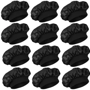 12 Pieces Silk Bonnet for Women Curly Hair Satin Bonnet Hair Wrap for Sleeping Cap with Tie Band (Black)
