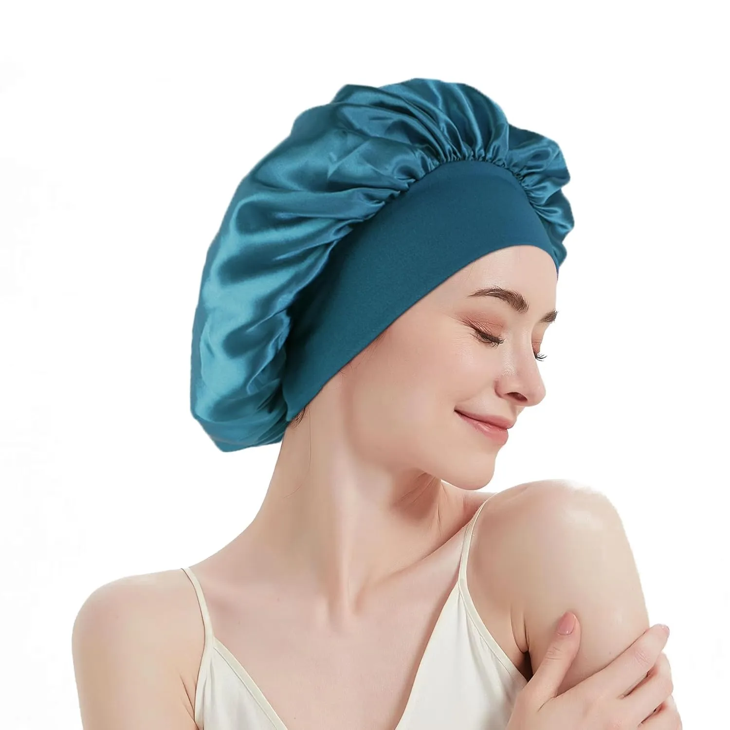12 Pieces Silk Bonnet for Women Curly Hair Satin Bonnet Hair Wrap for Sleeping Cap with Tie Band (Blue Zircon)