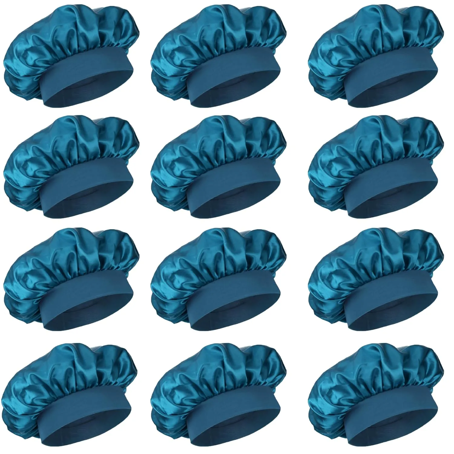 12 Pieces Silk Bonnet for Women Curly Hair Satin Bonnet Hair Wrap for Sleeping Cap with Tie Band (Blue Zircon)
