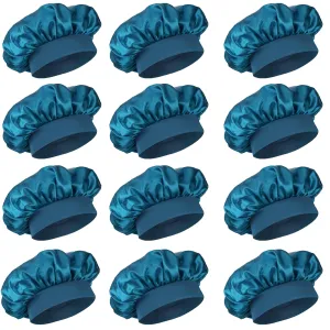 12 Pieces Silk Bonnet for Women Curly Hair Satin Bonnet Hair Wrap for Sleeping Cap with Tie Band (Blue Zircon)