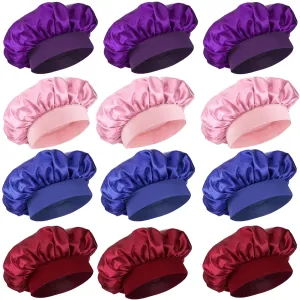 12 Pieces Silk Bonnet for Women Curly Hair Satin Bonnet Hair Wrap for Sleeping Cap with Tie Band (Multicoloured1)