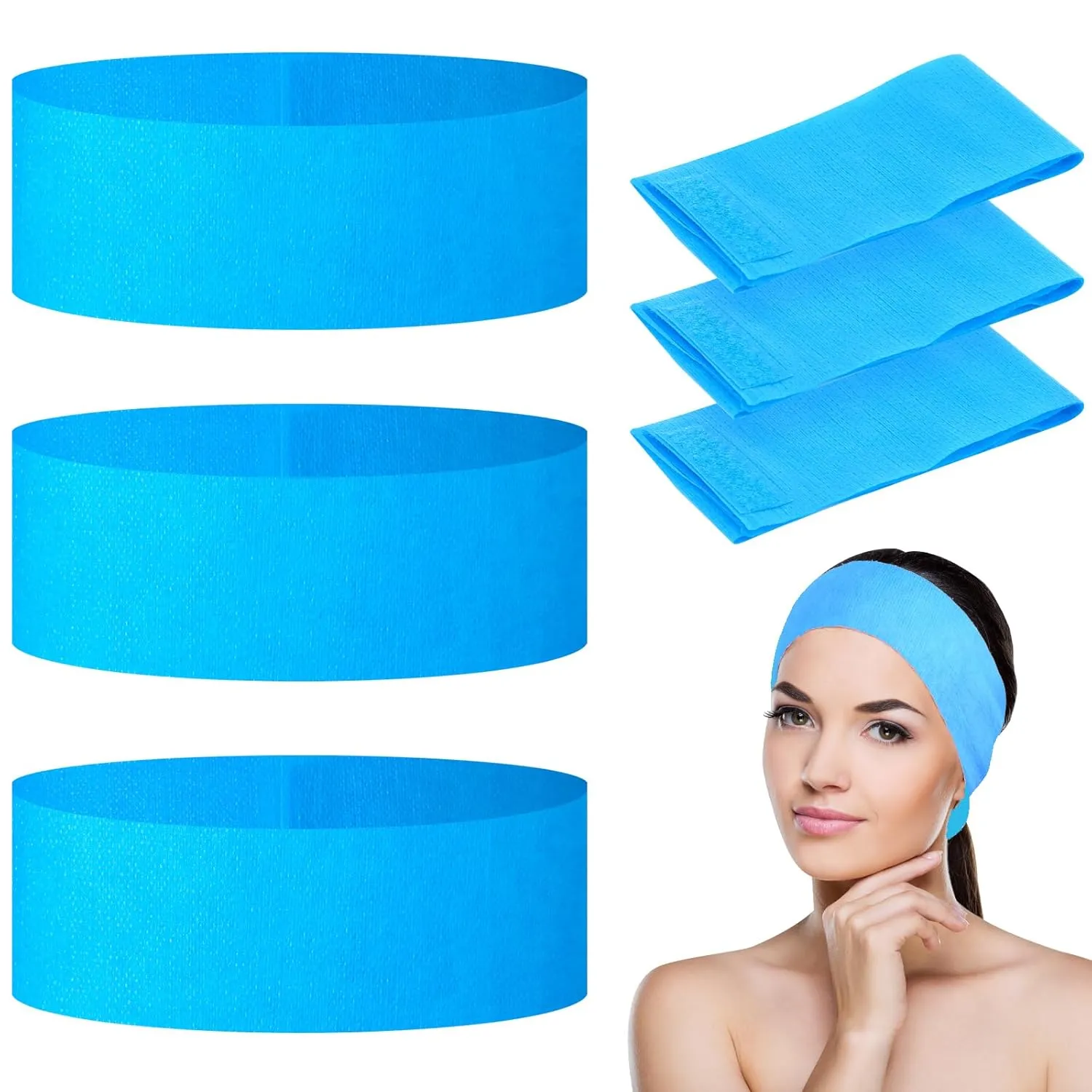 128 Pieces Disposable Spa Facial Headbands Stretch Non-Woven Facial Headband Soft Skin Care Hair Band with Convenient Closure for Women Girls Salons Esthetician Supplies, Blue Large