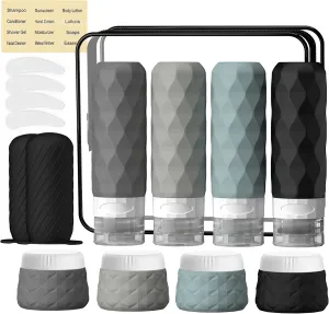 16Pack Travel Bottles for Toiletries, TSA Approved Travel Size Toiletries Containers Set, Silicone Leak Proof Refillable Bottles Elastic Sleeves Creams Jars Accessories Kit W/Clear Bag (Gray)