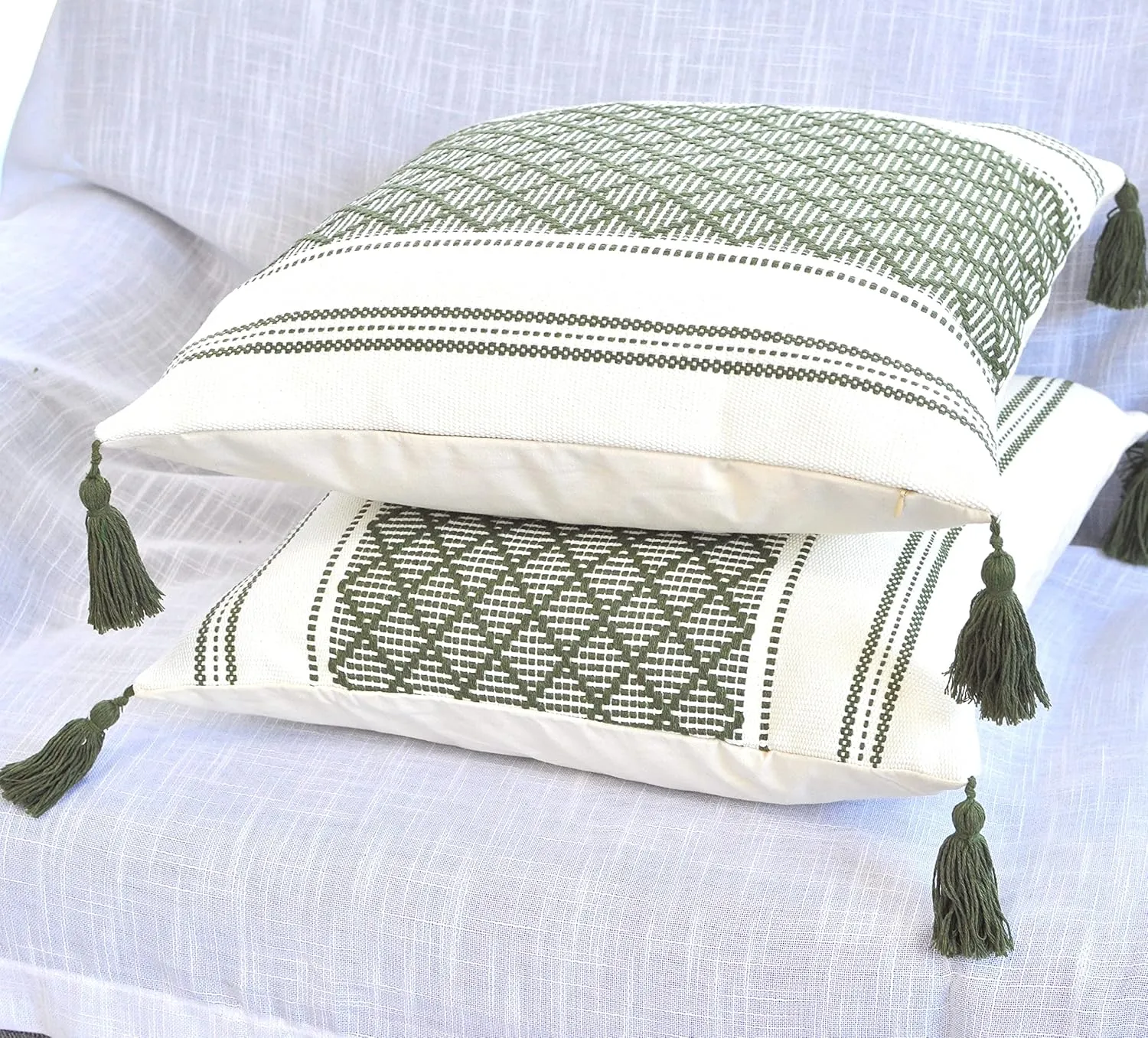 16x16 inch Boho Pillow Covers Indoor/Outdoor Olive Green - Set of 2 / Decorative Checkered Geometric Cushion Covers/Farmhouse Designer Woven Pillowcases/Modern Accent Cushion Covers