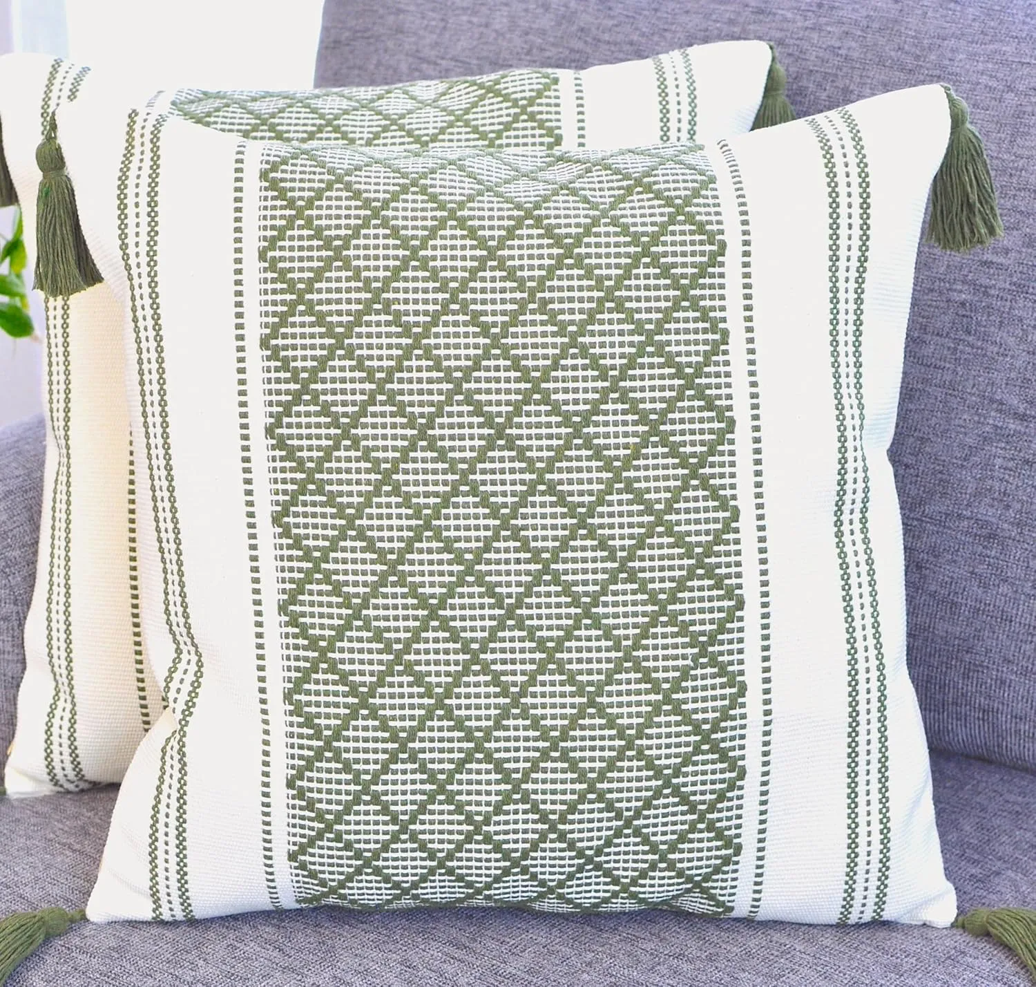 16x16 inch Boho Pillow Covers Indoor/Outdoor Olive Green - Set of 2 / Decorative Checkered Geometric Cushion Covers/Farmhouse Designer Woven Pillowcases/Modern Accent Cushion Covers
