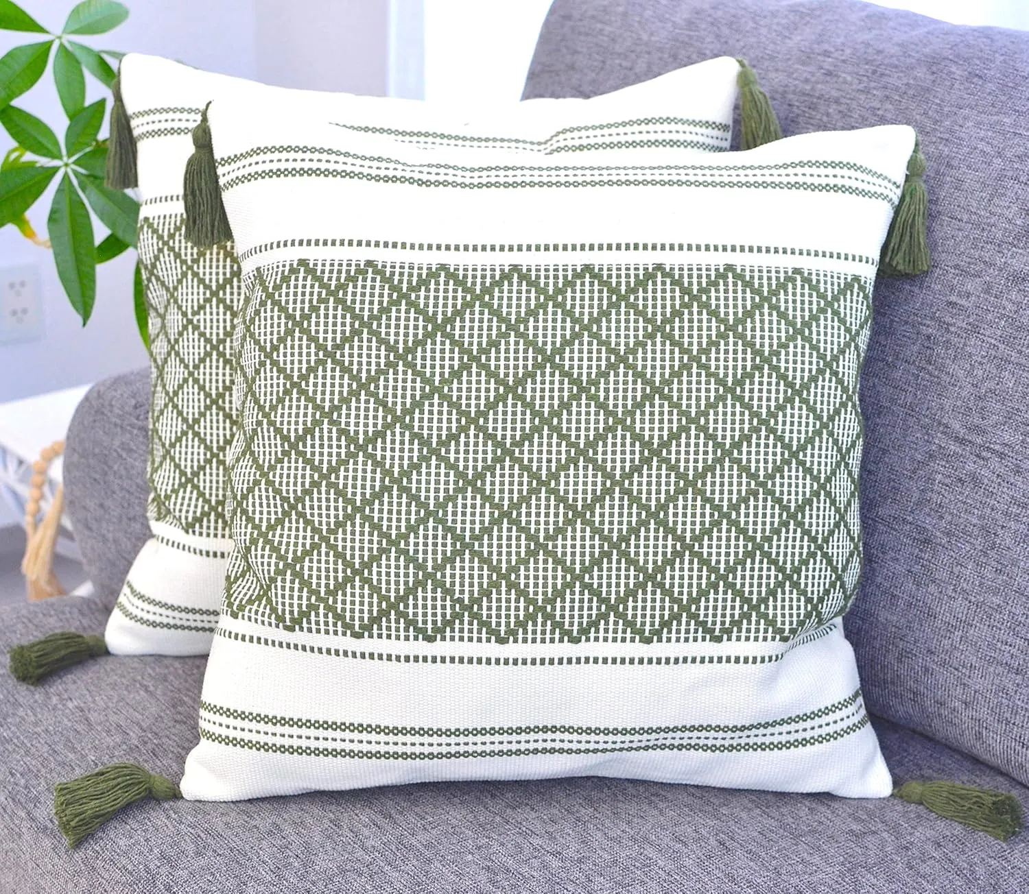 16x16 inch Boho Pillow Covers Indoor/Outdoor Olive Green - Set of 2 / Decorative Checkered Geometric Cushion Covers/Farmhouse Designer Woven Pillowcases/Modern Accent Cushion Covers