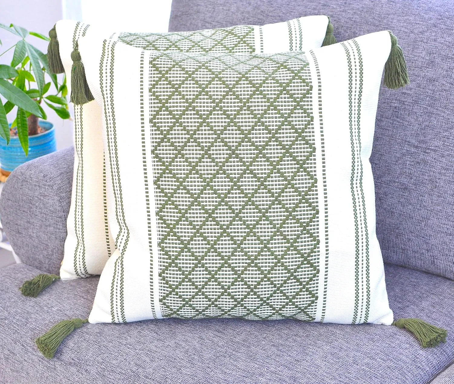 16x16 inch Boho Pillow Covers Indoor/Outdoor Olive Green - Set of 2 / Decorative Checkered Geometric Cushion Covers/Farmhouse Designer Woven Pillowcases/Modern Accent Cushion Covers