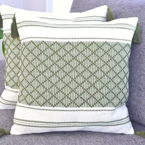 16x16 inch Boho Pillow Covers Indoor/Outdoor Olive Green - Set of 2 / Decorative Checkered Geometric Cushion Covers/Farmhouse Designer Woven Pillowcases/Modern Accent Cushion Covers