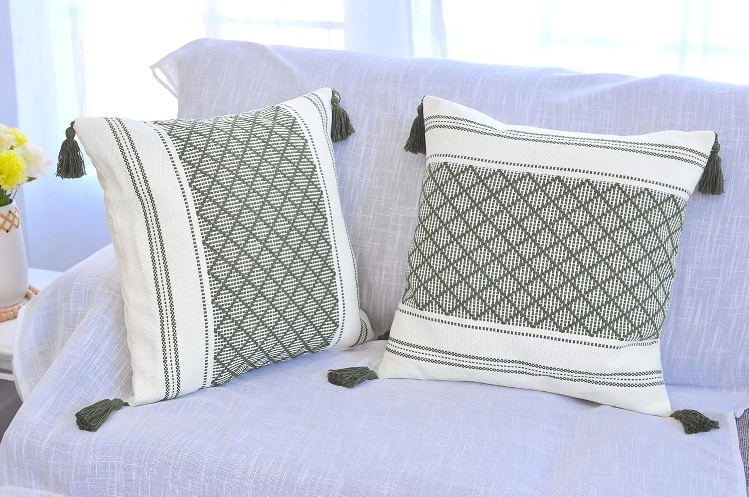16x16 inch Boho Pillow Covers Indoor/Outdoor Olive Green - Set of 2 / Decorative Checkered Geometric Cushion Covers/Farmhouse Designer Woven Pillowcases/Modern Accent Cushion Covers