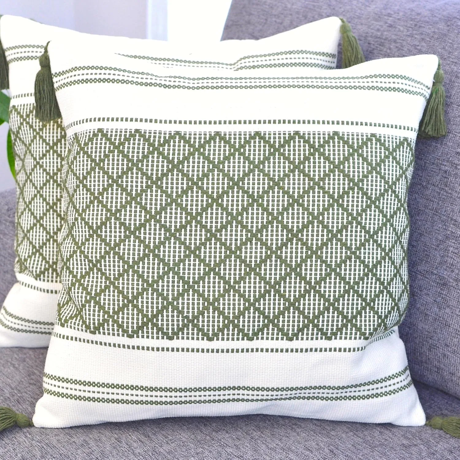 16x16 inch Boho Pillow Covers Indoor/Outdoor Olive Green - Set of 2 / Decorative Checkered Geometric Cushion Covers/Farmhouse Designer Woven Pillowcases/Modern Accent Cushion Covers