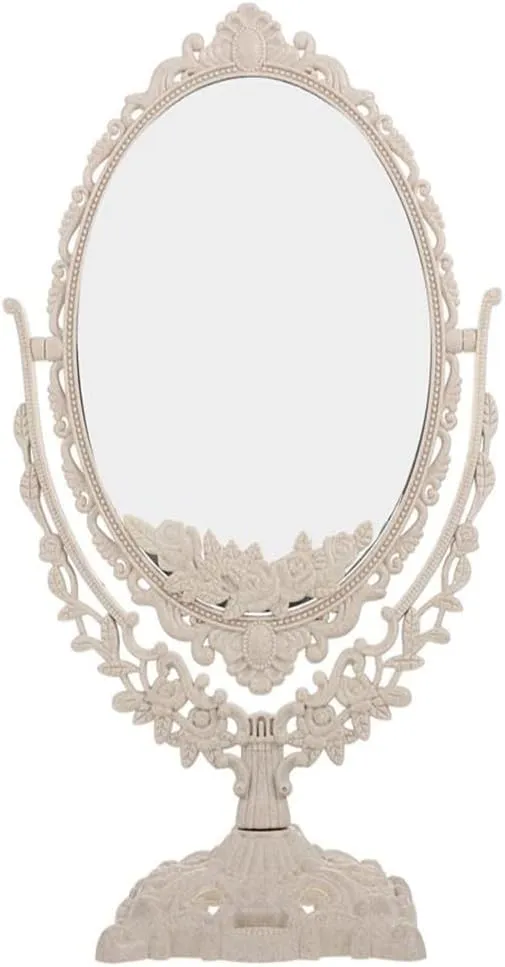 1PC Ellipse Shaped Makeup Mirror Vintage European Style Acrylic Single Side Cosmetic 360 Degree Swivel Desktop Tools (Ellipse) Beige