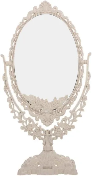 1PC Ellipse Shaped Makeup Mirror Vintage European Style Acrylic Single Side Cosmetic 360 Degree Swivel Desktop Tools (Ellipse) Beige