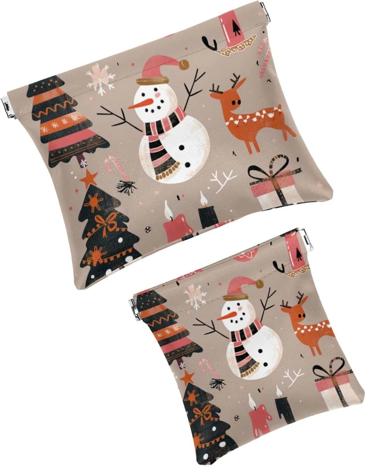 2 Pack Faux Leather Makeup Bag for Purse, Small Storage Bags for Purses, Portable Travel Makeup Bag for Women, Multifunctional Travel Storage Bag, Christmas Cartoon Elk Snowman Snowflake