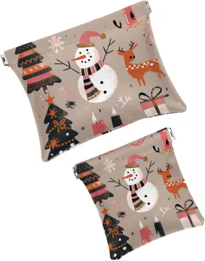 2 Pack Faux Leather Makeup Bag for Purse, Small Storage Bags for Purses, Portable Travel Makeup Bag for Women, Multifunctional Travel Storage Bag, Christmas Cartoon Elk Snowman Snowflake