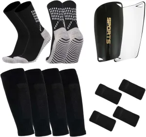 2 Pairs Grip Soccer Socks, 2 Pair Soccer Sleeve Socks with 1 Pack Shin Guards and 4 Shin Straps, Football Game Pro Set for Youth Adults 9 Pcs Black
