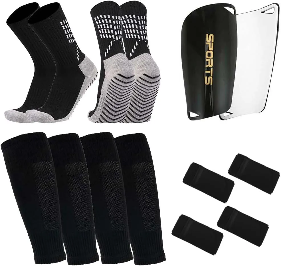 2 Pairs Grip Soccer Socks, 2 Pair Soccer Sleeve Socks with 1 Pack Shin Guards and 4 Shin Straps, Football Game Pro Set for Youth Adults 9 Pcs Black