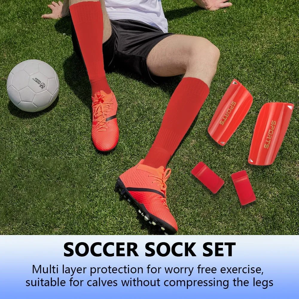 2 Pairs Mens Grip Soccer Socks, 2 Pairs Shin Sleeves with 1 Pack Shin Guards and 4 Shin Straps, Soccer Game Set 9 Pcs